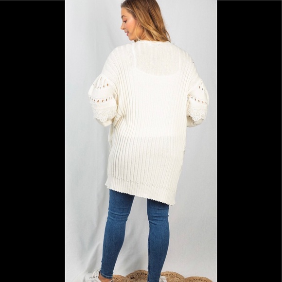 White Long Sleeve Solid Knit Cardigan With Eyelet Detail - Picture 7 of 9